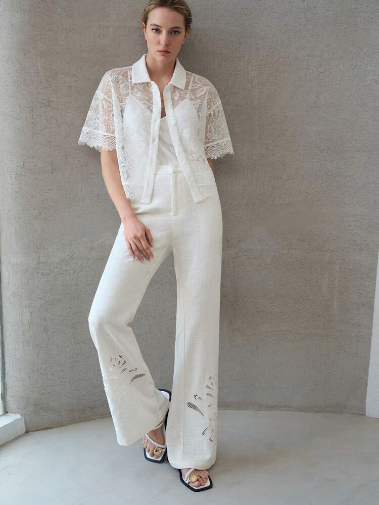 LACE SHEER BUTTON UP BLOUSE