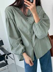 DAZY Solid Drop Shoulder Button Through Shirt,Fall Clothes Preppy Tops Long Sleeve Top - Green - View 2