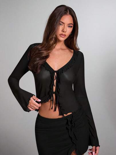 SHEIN BAE 女士网纱针织拼接荷叶边前系带喇叭袖透视性感上衣，适合新年派对、节日派对、情人节