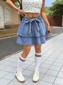 SHEIN PETITE Women's Blue Body-Conscious Mini Denim Skirt