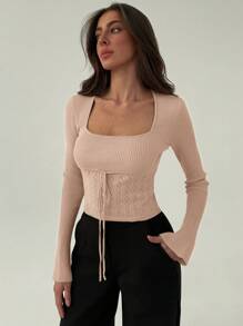 Aloruh Women Casual Solid Color Texture Patchwork Spring Sweater - Khaki - View 4