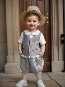 SHEIN Leap Crew 4 件套男婴/女婴休闲百搭短袖衬衫、背心、松紧腰短裤、帽子套装绅士西装，适合春夏季穿着，适合生日派对、洗礼、1 岁生日、庆祝、表演、婚礼