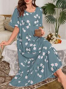 Serenescape 泡泡荷叶边下摆花卉印花长款睡袍，Moo Moo