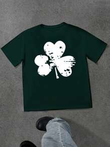 SHEIN Manfinity Dauomo Camiseta informal de manga corta y cuello redondo con estampado de trébol del Día de San Patricio para hombres