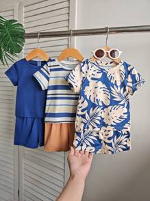 SHEIN Playful Pals Baby Boy 6 Packs Outfit - Stripe, Botanical Print, & Solid Color 3 Different Coordinate Sets, Suitable For Baby Boys To Wear In Summer For Any Occasion, Versatile & Casual Vacation Style - Multicolor - View 1