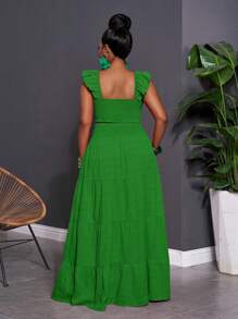 Slaydiva 2pcs Set: Casual Vacation Solid Peach Red Cap Sleeve Crop Top & Textured Flare Midi Skirt, Plus Size Women, Spring/Summer 2025,Holiday Outfits Boho - Green - View 2