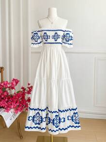 Vivid Eden 女士露肩连衣裙 - 藍白色 - 查看 5