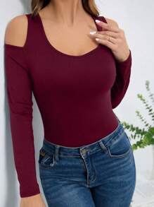 INAWLY 女士休闲纯色露肩长袖 T 恤 - 酒紅色 - 查看 4