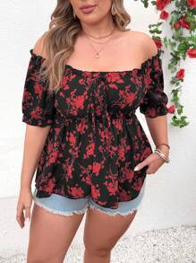 SHEIN Clasi 女士大码浪漫花卉印花露肩短袖时尚衬衫