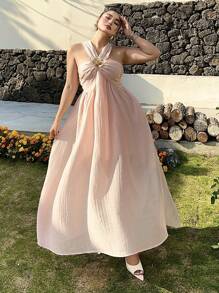 SHEIN Clasi Plus Size Women Metal 3D Floral Decor Ruffle Neck Dress - Baby Pink - View 6