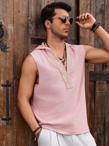 Genlund Manfinity Nomadique Men's Solid Color Pink Contrast Lace Sleeveless Hooded Shirt - Pink - View 1