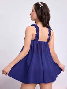 ROMWE Kawaii 女士可爱纯色娃娃装、宽松雪纺蝴蝶结装饰褶皱吊带连衣裙和内裤套装 - 藏蓝色 - 查看 3