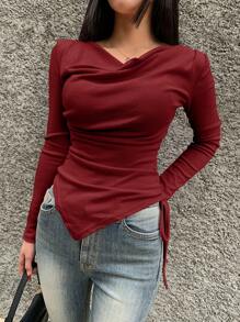 DAZY 女士纯色低胸长袖抽绳休闲 T 恤