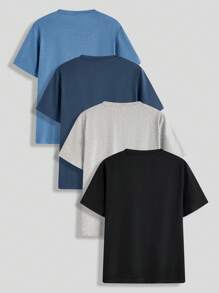 SHEIN 4pcs/Set Teen Boy Casual Solid Color Round Neck Loose Knit Short Sleeve T-Shirt, Multi-Color, School, Campus, College - Black - View 2