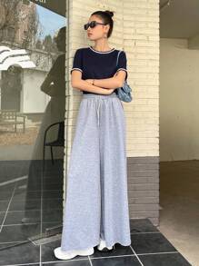 DAZY Camiseta De Cuello Redondo Con Ribete De Contraste - Azul Marino - Ver 8