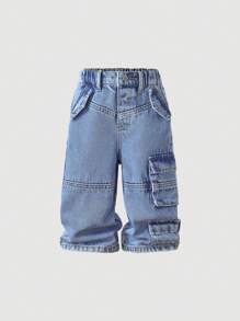 SHEIN Baby Boy Fashionable Washed Multiple Pockets Baggy Loose Fit Blue Denim Cargo Pants, For Baby Outdoor Wear And Daily Wear - Light Wash - View 5