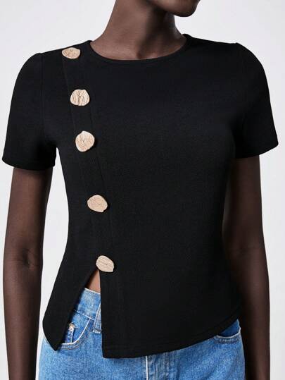 Lumivelle Women Metal Decor Crew Neck Short Sleeve Slit Hem Casual T-Shirt