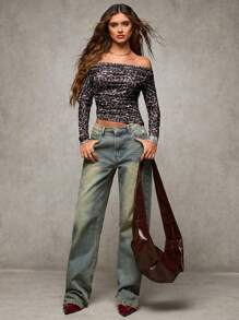 SHEIN BAE Women Leopard Print Pleat Off Shoulder Long Sleeve Top - Grey - View 5