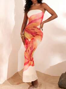 Opulessa Summer Beach Outfits For Woman Wedding Guest Dress Elegant Vacation Knitted Mesh Print Fitted Women's Dress, Christmas Party Clothes, New Year Look, Thanksgiving Outfits, Elegant Dresses Party, Luxury Evening Dresses For Weddings, Sexy Club Outfits - Apricot - View 2