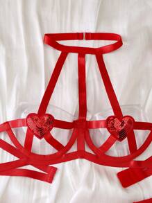 Set de 2 piezas de lencería para mujer con diseño de corazón brillante para el Día de San Valentín - Rojo - Ver 3