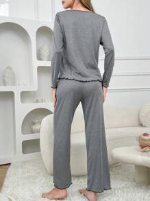 2 件女式罗纹蝴蝶结长袖上衣和裤子睡衣套装 - 深灰色 - 查看 2