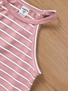 SHEIN Leap Crew 3pcs Young Girl Knit Striped Round Neck Sleeveless Fitted Casual Tank Top Set - Pink - View 6