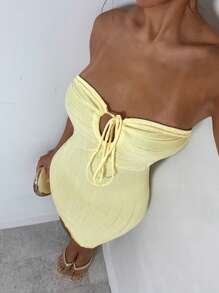 Glamine Vestido de suéter ajustado de canalé con corbata de lazo en la cintura, elegante, para mujer, primavera/verano