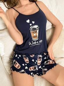 CoupledUp 女士咖啡杯印花吊带背心和短裤睡衣套装 - 藍色 - 查看 6