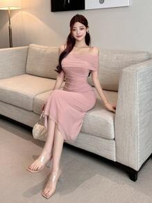 DAZY Off Shoulder Solid Ruched Side Mesh Overlay Homecoming Dress Elegant Sundress,Dress For Wedding