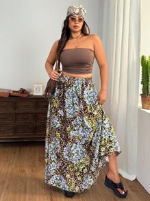 SHEIN EZwear Plus Size Summer Retro Holiday Floral Leopard Print Skirt - Brown - View 5