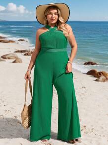 SHEIN VCAY Plus Size Casual Vacation Island Green Textured Fabric Criss-Cross Halter Waist Loose Wide Leg Long Jumpsuit South Beach Outfits Summer Outfits For Women European Summer Western Wear Women Cute Summer Outfits Beach Outfits Boho Women Clothing Vacation Outfits Woman Resort Wear Women Hippie Clothes For Women Easter Outfit Women Rave Outfits Country Concert Outfit Nashville Outfits Outfits Ibiza Outfits
