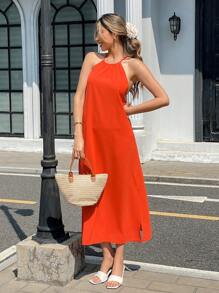 Pariaura 度假休闲现代休闲吊带裹身蝴蝶结连衣裙 - 亮橙色 - 查看 5
