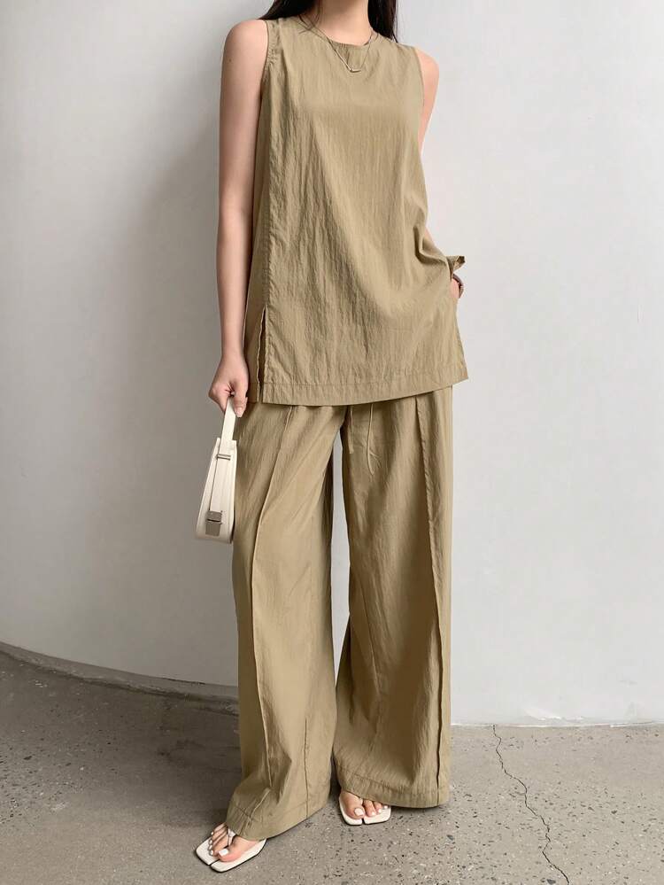 2pcs/Set Women's Business Casual Simple Plain Color Linen Patchwork Design Suit Old Money Style