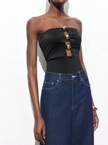 Maija 新款春夏黑色金属圆珠腰部都市度假现代优雅浪漫女士紧身衣适合外出节日派对音乐节老款风格