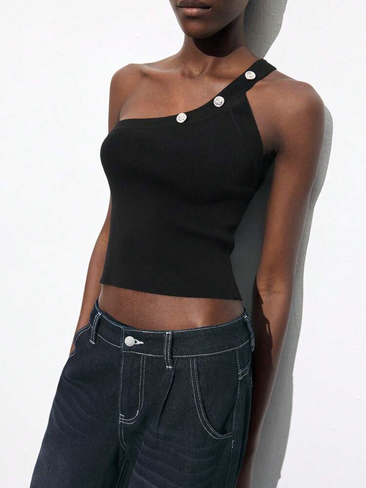 SHEIN Maija 2025 Summer New Asymmetrical Cut Asymmetric Shoulder Black Knit Vest With Chic Metal Buckle Decoration, Elegant Casual Commute Romantic Urban Resort Wear Suitable For Outing, Party, Wedding, Music Festival, Graduation