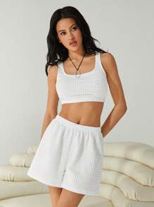 SHEIN EZwear Women Square Neck Textured Wide Strap Tank Top And Elastic Waist Shorts - White - View 1