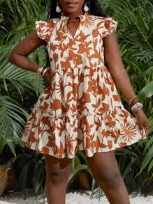 Slaydiva 新款春夏休闲度假小立领+V领飞褶盖袖多层蛋糕裙下摆杏色底橙花迷你裙女迷你连衣裙-M