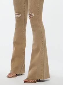 SUMWON WOMEN High Waist Bootcut Flare Jeans With Distressed Knee Details, Stretch Comfort Denim, Perfect For Fall Winter Fashion, Casual To Semi-Formal Wear - Khaki - View 5