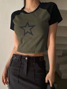 DAZY Star Print Raglan Sleeve Crop Tee Y2k - Olive Green - View 2
