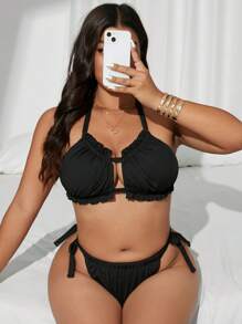 SHEIN Elegant Plus Size Swimwear Set, Sexy & Comfortable For Vacation For Summer - Black - View 4