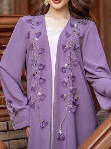 Layrah Handmade Spinach Root Color Flower Beaded Robe Abayas - Red Violet - View 3
