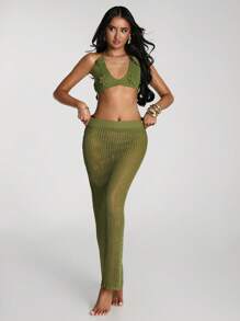 SHEIN BAE Solid Color 3D Floral Decor Halter Backless Sweater Vest And Long Sheer Skirt Suit - Green - View 4