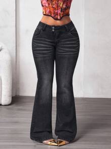 SHEIN SXY Jeans casuales versátiles con volantes y bolsillos para mujeres - Negro - Ver 3