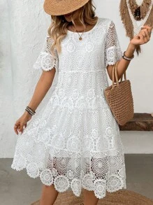 Breezaya Váy hở vai ren cắt xẻ giữa bắp chân cho kỳ nghỉ giản dị dành cho nữ - trắng - Xem 1