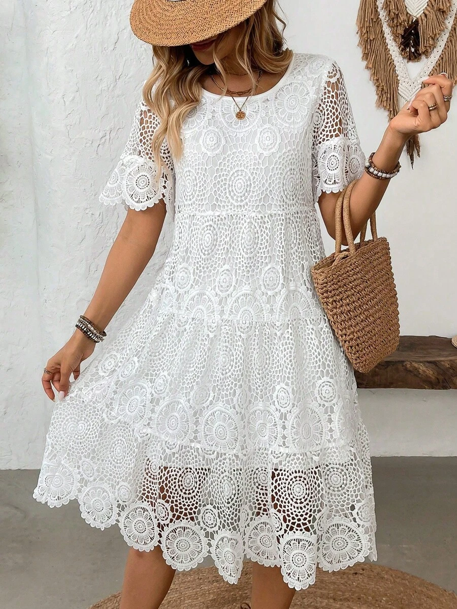 Breezaya Váy hở vai ren cắt xẻ giữa bắp chân cho kỳ nghỉ giản dị dành cho nữ - trắng - Xem 1