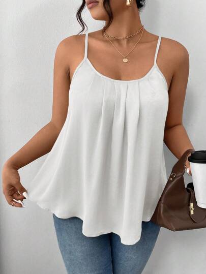 SHEIN Frenchy Camiseta sin mangas casual plisada y relajada de unicolor para mujer talla grande