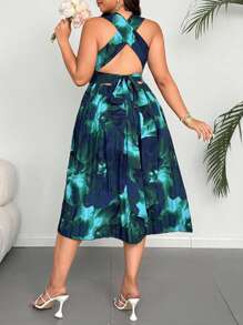 Flirla Vestido de mujer talla grande con escote en V profundo, cuello halter, espalda descubierta, plisado y personalizado, para vacaciones o fiesta, sexy - Azul - Ver 2