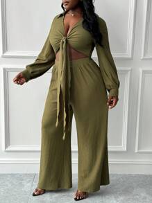 Slaydiva 优雅度假日常胸前打结衬衫领长袖阔腿连体裤大码女装 - B