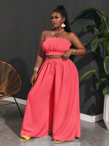 Slaydiva Damen Große Größen Oberteil mit Rüschenkanten und Paperbag Taille Weite Hose