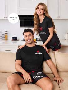 CoupledUp Crown & King 图案印花圆领短袖男式睡衣套装 - 黑色 - 查看 6